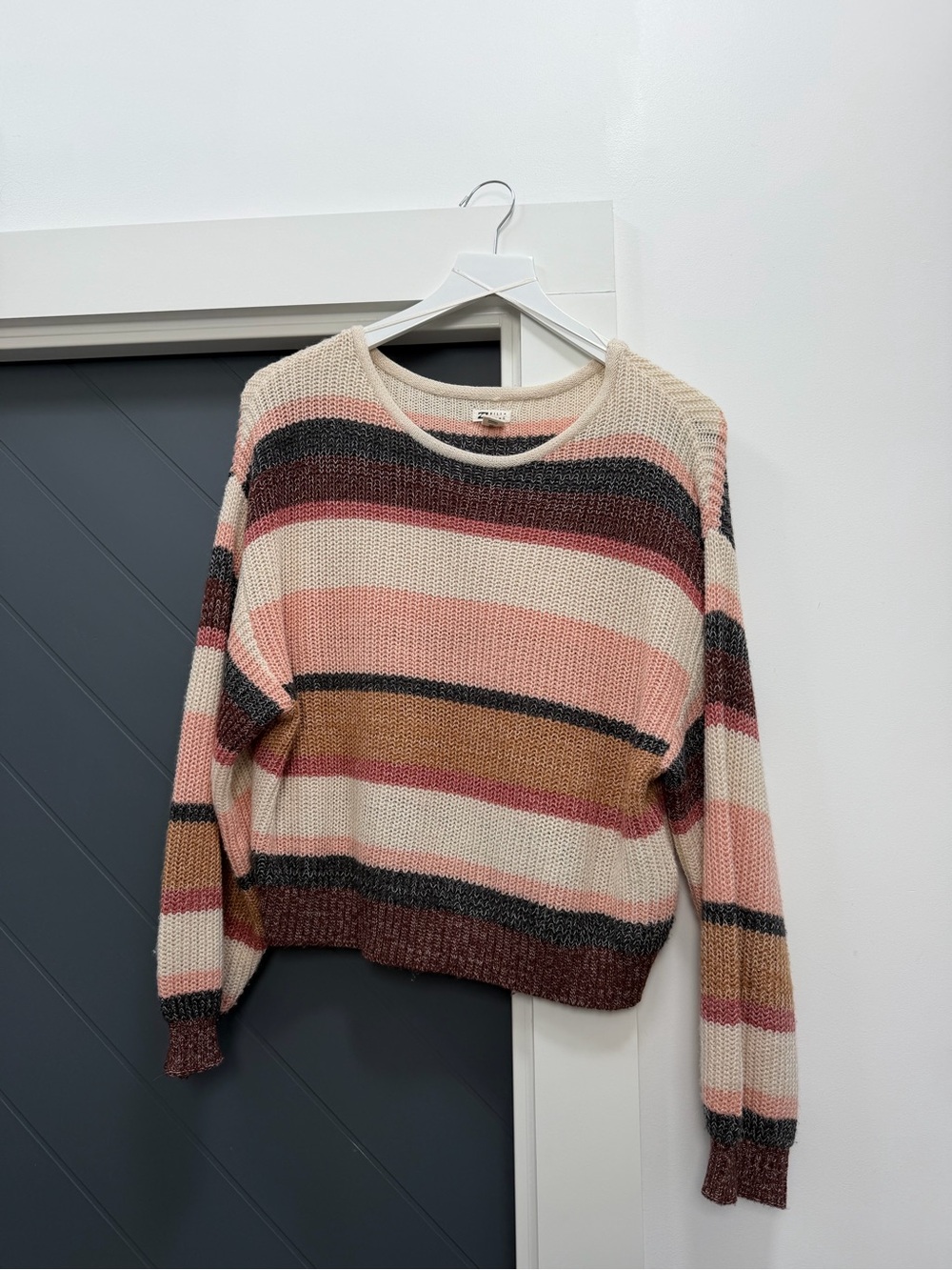 Billabong Striped Crewneck Sweater in Pink, Cream & Brown